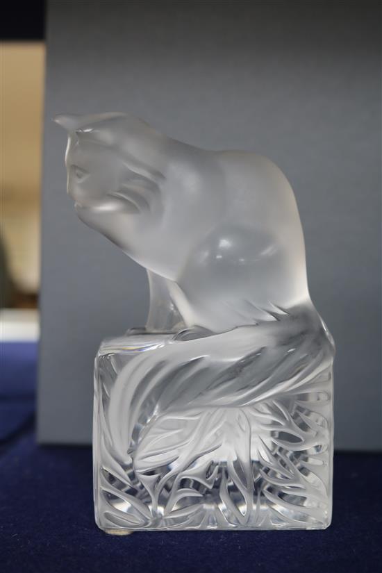 A Lalique frosted glass seated cat on plinth base (boxed with certificate)